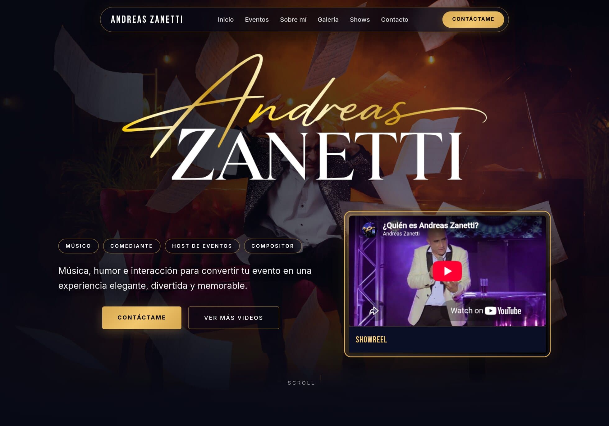 andreaszanetti.com home page: the artist’s name in gold lettering over a photograph on stage.