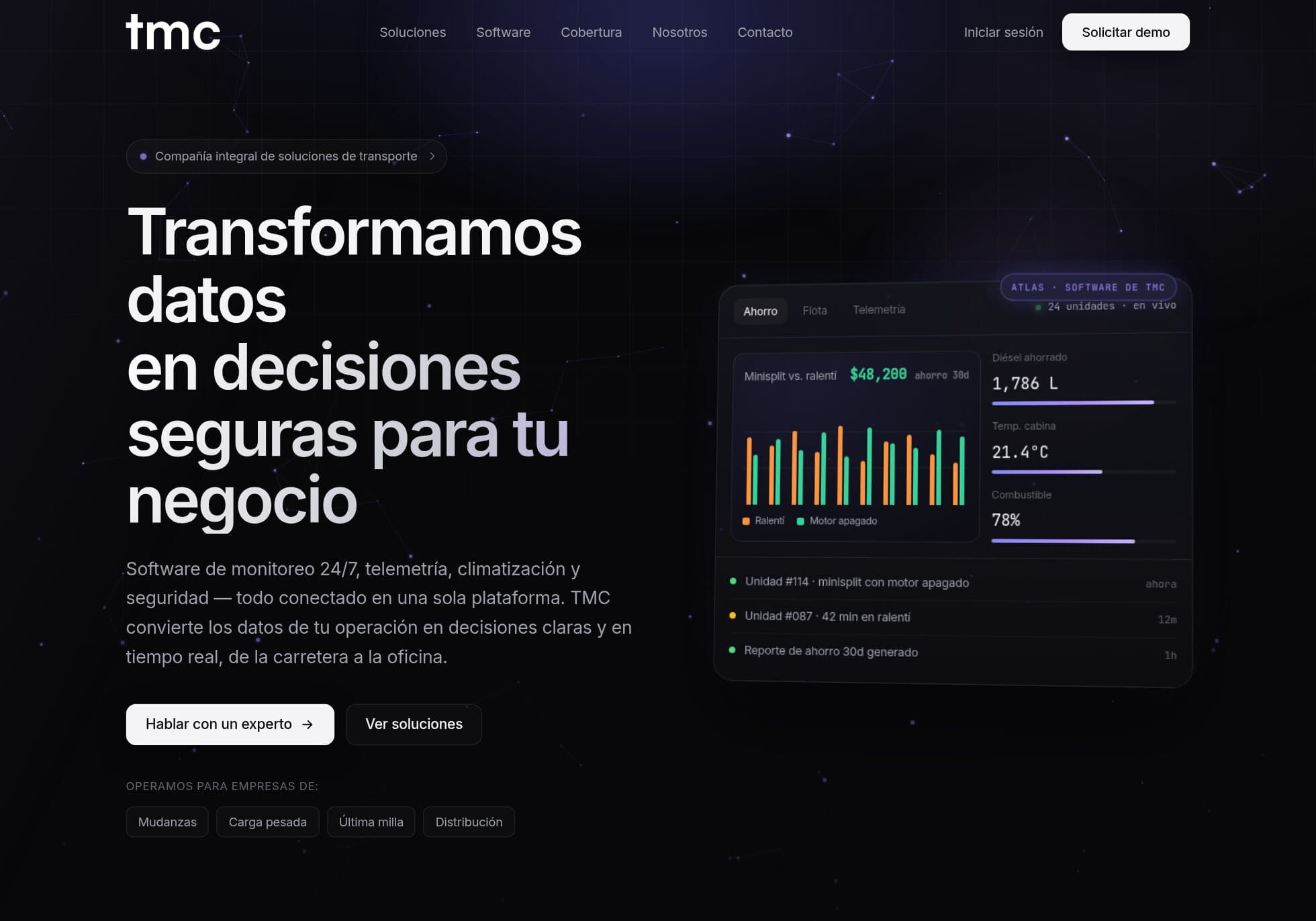 tmc.space home page: the headline “We turn data into safe decisions for your business” beside a fleet telemetry dashboard.